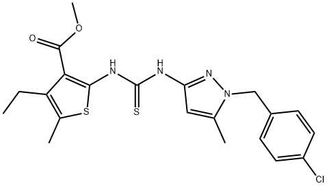 methyl 2-(3-(1-(4-chlorobenzyl)-5-methyl-1H-pyrazol-3(2H)-ylidene)thioureido)-4-ethyl-5-methylthiophene-3-carboxylate Struktur