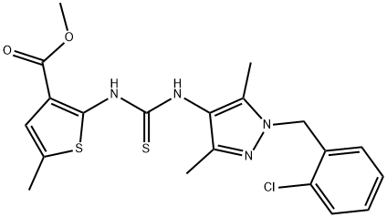 methyl 2-(3-(1-(2-chlorobenzyl)-3,5-dimethyl-1H-pyrazol-4-yl)thioureido)-5-methylthiophene-3-carboxylate Struktur