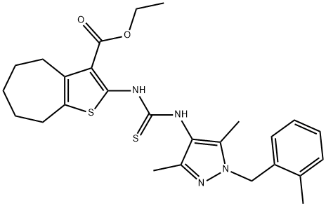 ethyl 2-(3-(3,5-dimethyl-1-(2-methylbenzyl)-1H-pyrazol-4-yl)thioureido)-5,6,7,8-tetrahydro-4H-cyclohepta[b]thiophene-3-carboxylate Struktur