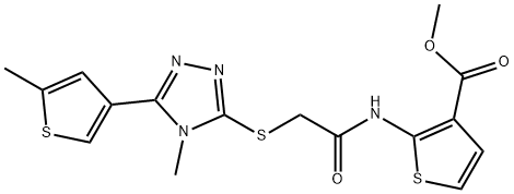 methyl 2-(2-((4-methyl-5-(5-methylthiophen-3-yl)-4H-1,2,4-triazol-3-yl)thio)acetamido)thiophene-3-carboxylate Struktur