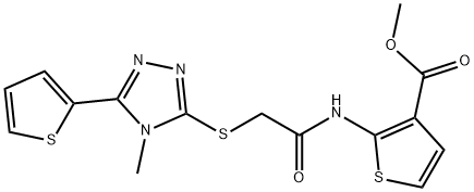 methyl 2-(2-((4-methyl-5-(thiophen-2-yl)-4H-1,2,4-triazol-3-yl)thio)acetamido)thiophene-3-carboxylate Struktur