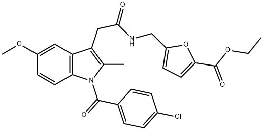 ethyl 5-((2-(1-(4-chlorobenzoyl)-5-methoxy-2-methyl-1H-indol-3-yl)acetamido)methyl)furan-2-carboxylate Struktur