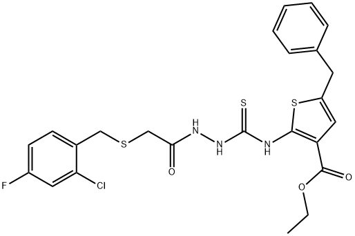 ethyl 5-benzyl-2-(2-(2-((2-chloro-4-fluorobenzyl)thio)acetyl)hydrazinecarbothioamido)thiophene-3-carboxylate Struktur