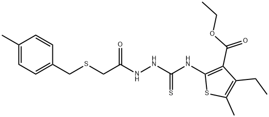 ethyl 4-ethyl-5-methyl-2-(2-(2-((4-methylbenzyl)thio)acetyl)hydrazinecarbothioamido)thiophene-3-carboxylate Struktur