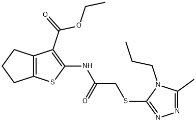 ethyl 2-(2-((5-methyl-4-propyl-4H-1,2,4-triazol-3-yl)thio)acetamido)-5,6-dihydro-4H-cyclopenta[b]thiophene-3-carboxylate Struktur