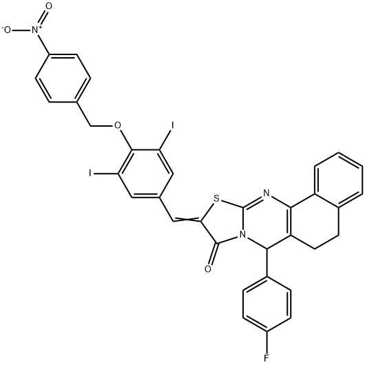 (10E)-10-{3,5-diiodo-4-[(4-nitrobenzyl)oxy]benzylidene}-7-(4-fluorophenyl)-5,7-dihydro-6H-benzo[h][1,3]thiazolo[2,3-b]quinazolin-9(10H)-one Struktur