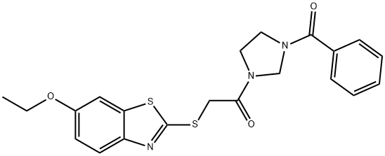 2-[(6-ethoxy-1,3-benzothiazol-2-yl)sulfanyl]-1-[3-(phenylcarbonyl)imidazolidin-1-yl]ethanone Struktur