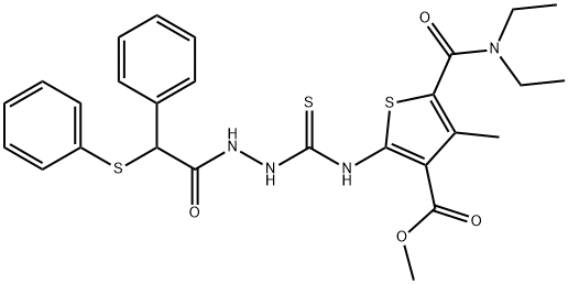 methyl 5-(diethylcarbamoyl)-4-methyl-2-(2-(2-phenyl-2-(phenylthio)acetyl)hydrazinecarbothioamido)thiophene-3-carboxylate Struktur