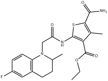 ethyl 5-carbamoyl-2-(2-(6-fluoro-2-methyl-3,4-dihydroquinolin-1(2H)-yl)acetamido)-4-methylthiophene-3-carboxylate Struktur