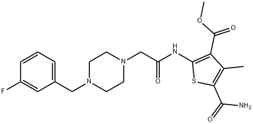 methyl 5-carbamoyl-2-(2-(4-(3-fluorobenzyl)piperazin-1-yl)acetamido)-4-methylthiophene-3-carboxylate Struktur