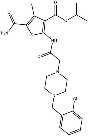 isopropyl 5-carbamoyl-2-(2-(4-(2-chlorobenzyl)piperazin-1-yl)acetamido)-4-methylthiophene-3-carboxylate Struktur