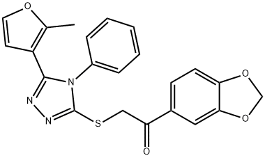 1-(1,3-benzodioxol-5-yl)-2-{[5-(2-methylfuran-3-yl)-4-phenyl-4H-1,2,4-triazol-3-yl]sulfanyl}ethanone Struktur