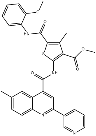 methyl 5-((2-methoxyphenyl)carbamoyl)-4-methyl-2-(6-methyl-2-(pyridin-3-yl)quinoline-4-carboxamido)thiophene-3-carboxylate Struktur