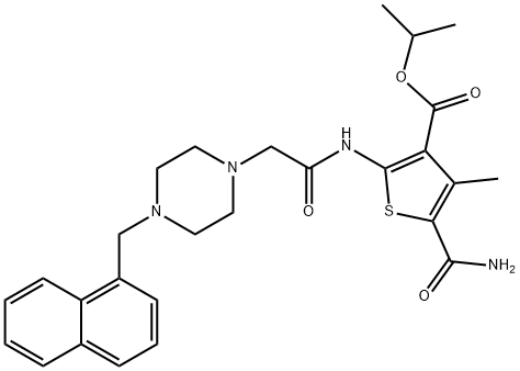 isopropyl 5-carbamoyl-4-methyl-2-(2-(4-(naphthalen-1-ylmethyl)piperazin-1-yl)acetamido)thiophene-3-carboxylate Struktur