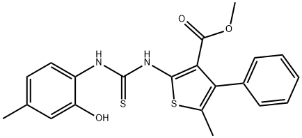 methyl 2-(3-(2-hydroxy-4-methylphenyl)thioureido)-5-methyl-4-phenylthiophene-3-carboxylate Struktur