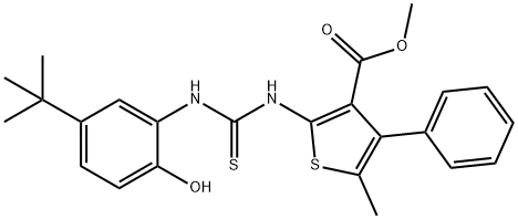 methyl 2-(3-(5-(tert-butyl)-2-hydroxyphenyl)thioureido)-5-methyl-4-phenylthiophene-3-carboxylate Struktur