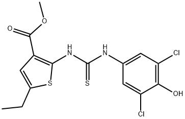 methyl 2-(3-(3,5-dichloro-4-hydroxyphenyl)thioureido)-5-ethylthiophene-3-carboxylate Struktur