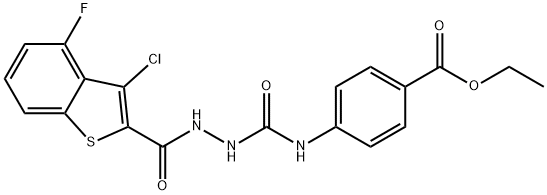 ethyl 4-(2-(3-chloro-4-fluorobenzo[b]thiophene-2-carbonyl)hydrazinecarboxamido)benzoate Struktur