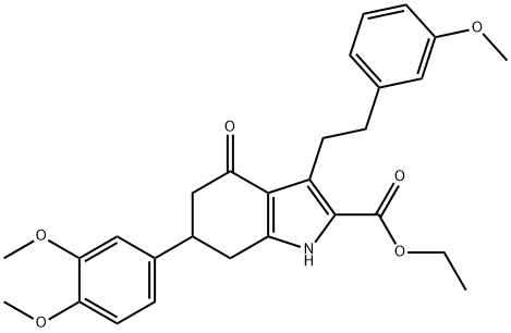 ethyl 6-(3,4-dimethoxyphenyl)-3-(3-methoxyphenethyl)-4-oxo-4,5,6,7-tetrahydro-1H-indole-2-carboxylate Struktur