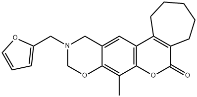 11-(furan-2-ylmethyl)-8-methyl-2,3,4,5,11,12-hexahydro-1H-cyclohepta[3,4]chromeno[6,7-e][1,3]oxazin-6(10H)-one Struktur