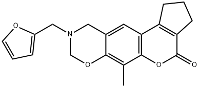 9-(furan-2-ylmethyl)-6-methyl-2,3,9,10-tetrahydro-1H-cyclopenta[3,4]chromeno[6,7-e][1,3]oxazin-4(8H)-one Struktur