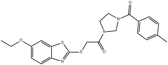 2-[(6-ethoxy-1,3-benzothiazol-2-yl)sulfanyl]-1-{3-[(4-methylphenyl)carbonyl]imidazolidin-1-yl}ethanone Struktur