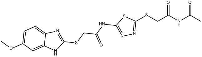 N-(5-{[2-(acetylamino)-2-oxoethyl]sulfanyl}-1,3,4-thiadiazol-2-yl)-2-[(5-methoxy-1H-benzimidazol-2-yl)sulfanyl]acetamide Struktur