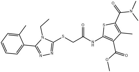 methyl 5-(dimethylcarbamoyl)-2-(2-((4-ethyl-5-(o-tolyl)-4H-1,2,4-triazol-3-yl)thio)acetamido)-4-methylthiophene-3-carboxylate Struktur