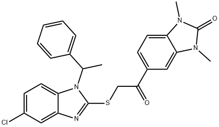 5-({[5-chloro-1-(1-phenylethyl)-1H-benzimidazol-2-yl]sulfanyl}acetyl)-1,3-dimethyl-1,3-dihydro-2H-benzimidazol-2-one Struktur