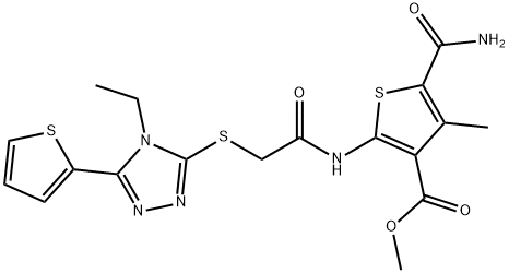 methyl 5-carbamoyl-2-(2-((4-ethyl-5-(thiophen-2-yl)-4H-1,2,4-triazol-3-yl)thio)acetamido)-4-methylthiophene-3-carboxylate Struktur