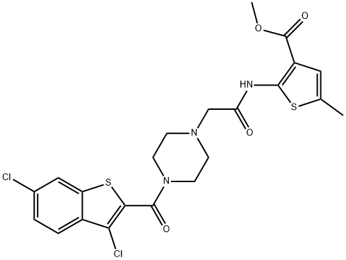 methyl 2-(2-(4-(3,6-dichlorobenzo[b]thiophene-2-carbonyl)piperazin-1-yl)acetamido)-5-methylthiophene-3-carboxylate Struktur