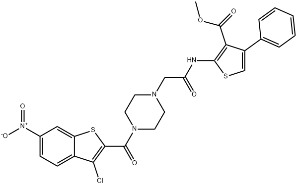 methyl 2-(2-(4-(3-chloro-6-nitrobenzo[b]thiophene-2-carbonyl)piperazin-1-yl)acetamido)-4-phenylthiophene-3-carboxylate Struktur