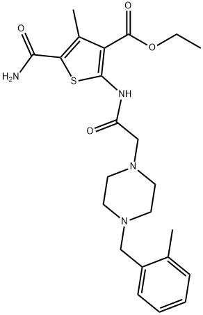 ethyl 5-carbamoyl-4-methyl-2-(2-(4-(2-methylbenzyl)piperazin-1-yl)acetamido)thiophene-3-carboxylate Struktur