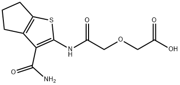 2-(2-((3-carbamoyl-5,6-dihydro-4H-cyclopenta[b]thiophen-2-yl)amino)-2-oxoethoxy)acetic acid Struktur