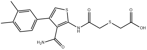 2-((2-((3-carbamoyl-4-(3,4-dimethylphenyl)thiophen-2-yl)amino)-2-oxoethyl)thio)acetic acid Struktur