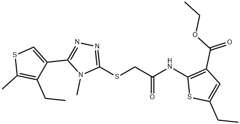 ethyl 5-ethyl-2-(2-((5-(4-ethyl-5-methylthiophen-3-yl)-4-methyl-4H-1,2,4-triazol-3-yl)thio)acetamido)thiophene-3-carboxylate Struktur