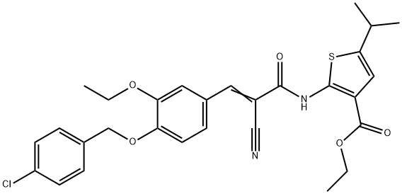 (E)-ethyl 2-(3-(4-((4-chlorobenzyl)oxy)-3-ethoxyphenyl)-2-cyanoacrylamido)-5-isopropylthiophene-3-carboxylate Struktur