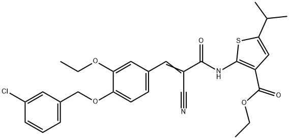 (E)-ethyl 2-(3-(4-((3-chlorobenzyl)oxy)-3-ethoxyphenyl)-2-cyanoacrylamido)-5-isopropylthiophene-3-carboxylate Struktur