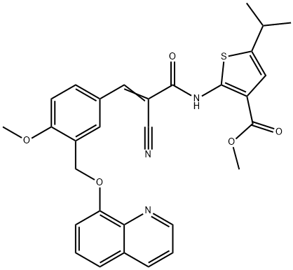 (E)-methyl 2-(2-cyano-3-(4-methoxy-3-((quinolin-8-yloxy)methyl)phenyl)acrylamido)-5-isopropylthiophene-3-carboxylate Struktur