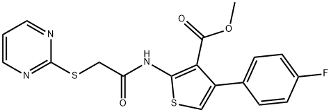 methyl 4-(4-fluorophenyl)-2-(2-(pyrimidin-2-ylthio)acetamido)thiophene-3-carboxylate Struktur