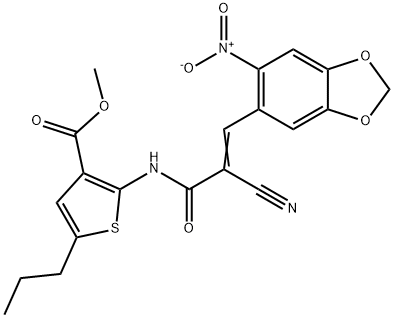 (E)-methyl 2-(2-cyano-3-(6-nitrobenzo[d][1,3]dioxol-5-yl)acrylamido)-5-propylthiophene-3-carboxylate Struktur