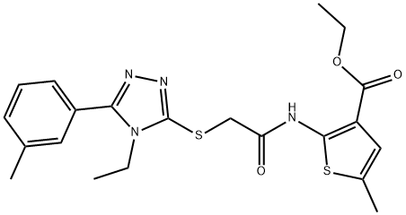 ethyl 2-(2-((4-ethyl-5-(m-tolyl)-4H-1,2,4-triazol-3-yl)thio)acetamido)-5-methylthiophene-3-carboxylate Struktur