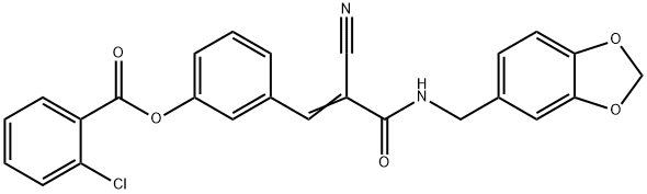 (E)-3-(3-((benzo[d][1,3]dioxol-5-ylmethyl)amino)-2-cyano-3-oxoprop-1-en-1-yl)phenyl 2-chlorobenzoate Struktur