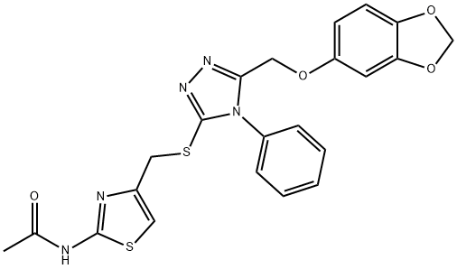 N-{4-[({5-[(1,3-benzodioxol-5-yloxy)methyl]-4-phenyl-4H-1,2,4-triazol-3-yl}sulfanyl)methyl]-1,3-thiazol-2-yl}acetamide Struktur