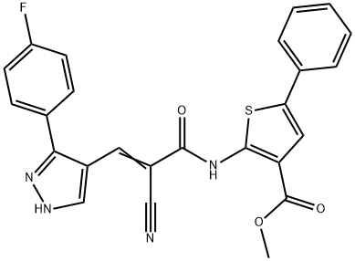 (E)-methyl 2-(2-cyano-3-(3-(4-fluorophenyl)-1H-pyrazol-4-yl)acrylamido)-5-phenylthiophene-3-carboxylate Struktur