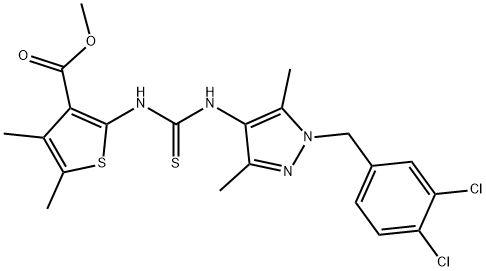 methyl 2-(3-(1-(3,4-dichlorobenzyl)-3,5-dimethyl-1H-pyrazol-4-yl)thioureido)-4,5-dimethylthiophene-3-carboxylate Struktur