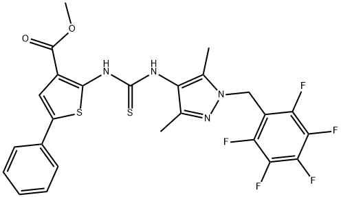 methyl 2-(3-(3,5-dimethyl-1-((perfluorophenyl)methyl)-1H-pyrazol-4-yl)thioureido)-5-phenylthiophene-3-carboxylate Struktur