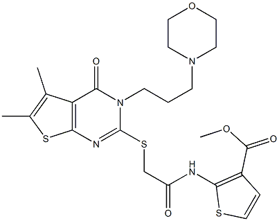 methyl 2-(2-((5,6-dimethyl-3-(3-morpholinopropyl)-4-oxo-3,4-dihydrothieno[2,3-d]pyrimidin-2-yl)thio)acetamido)thiophene-3-carboxylate Struktur