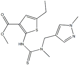 methyl 5-ethyl-2-(3-methyl-3-((1-methyl-1H-pyrazol-4-yl)methyl)thioureido)thiophene-3-carboxylate Struktur