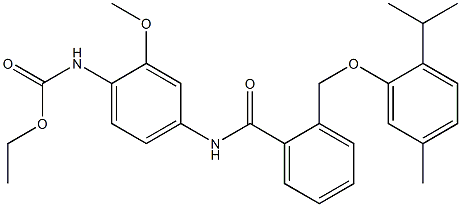 ethyl (4-(2-((2-isopropyl-5-methylphenoxy)methyl)benzamido)-2-methoxyphenyl)carbamate Struktur